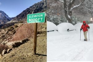 The nearly snowless Tioga Pass in January 2015 (left) and last winter’s blizzard in Washington, D.C. (right) show the dramatic differences in recent West Coast and East Coast winter weather. Credit: Left, Bartshé Miller; right, Alejandro Alvarez