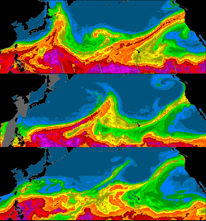 Satellite images of water vapor over the oceans show atmospheric rivers hitting the U.S. West Coast in 2006 (top), 2009 (middle), and 2004 (bottom). Credit: NOAA. 