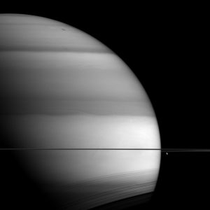 An image of Saturn's icy moon Dione, with giant Saturn and its rings in the background. New research suggests Dione harbors a subsurface ocean. Credit: NASA/JPL-Caltech/Space Science Institute. 