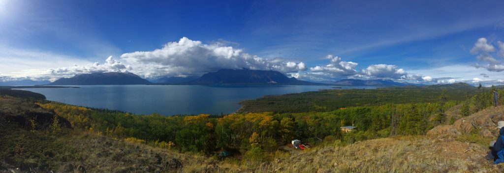 One of our hikes led us high on a hill overlooking Atlin Lake; Ian Power and Andreas are at the far right. We're a little spoiled by the views. 