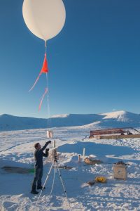 Chance Sterling, a NOAA researcher studying ozone formation in Utah’s Uinta Basin, samples the atmosphere using an innovative, tethered weather balloon during the winter of 2013. Credit: Patrick Cullis/NOAA-CIRES. 