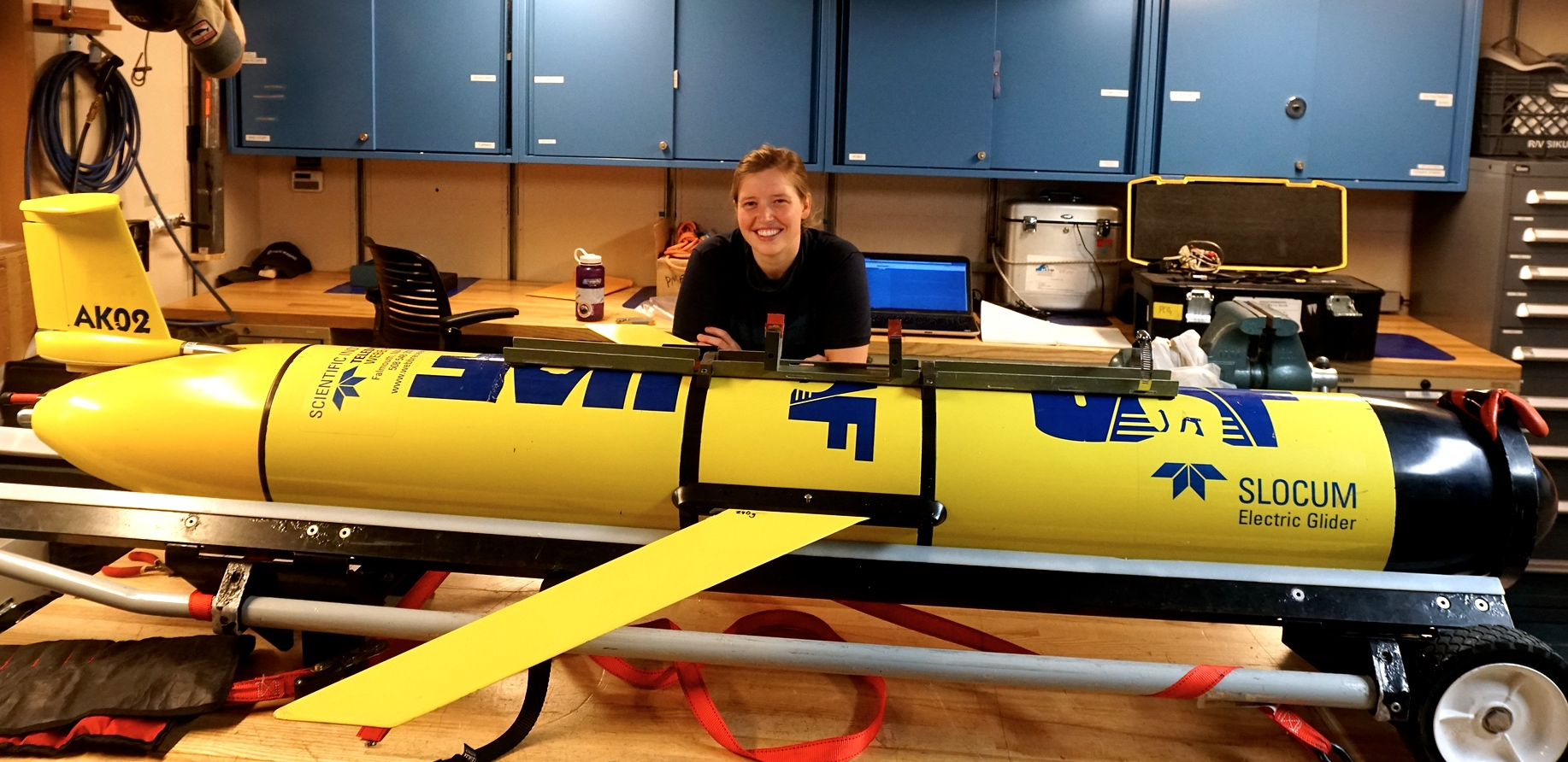 Brita Irving is a research scientist with the University of Alaska at Fairbanks. This is one of 6 underwater electric gliders that she oversees.