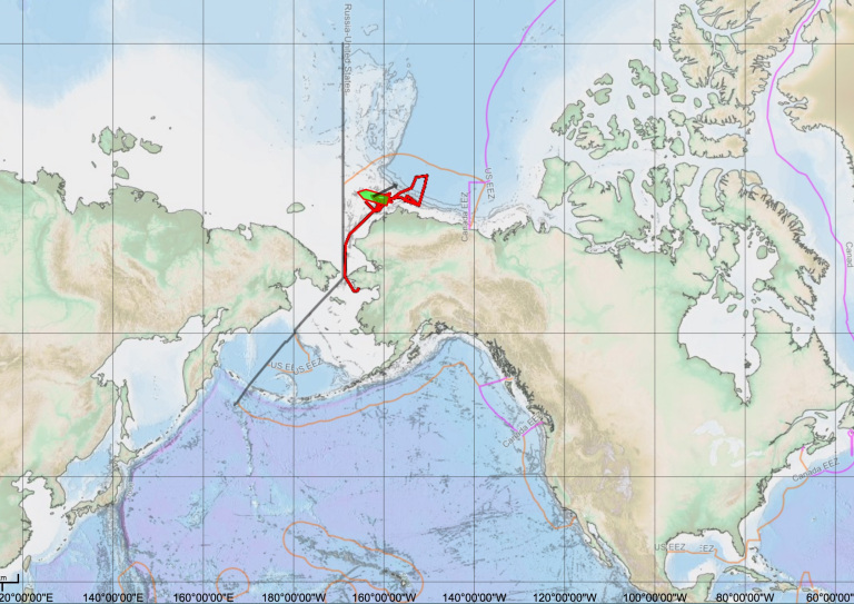 Screenshots from the map server on the Sikuliaq. The orange lines denote U.S. Exclusive Economic Zones and the pink lines denote Canadian Exclusive EZs. Note the slight overlap. The black line shows the border with Russia.