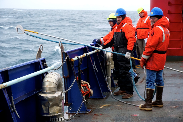 Some of the crew – John French, Paul St. Onge, Diego Mello, and Marshall Schwartz – ready for mooring recovery