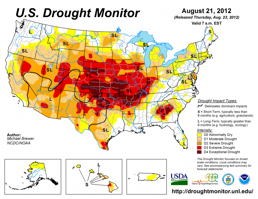 The official U.S. Drought Monitor issued on Aug. 21, 2012. The map shows the exceptionally severe drought across the middle of the country. Just three months before, drought forecasts failed to predict that a drought was on the way. Credit: National Drought Mitigation Center. 