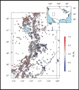 Map of the epicenters of 6,846 earthquakes occurring in Utah from 1982 and 2016. Those depicted in red were naturally caused tectonic plates, whereas coal mining caused those in blue. Credit: Keith Koper. 