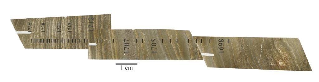 Section from the lake sediment of Cape Bounty, East Lake, Nunavut, Canada. Each line represents one centimeter. Credit: François Lapointe. 