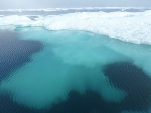 Melting Arctic ice below surface floe. New research finds sediment layers from a lake in the western Canadian Arctic may hold the key to predicting sea-ice loss and warming Arctic temperatures. Credit: NOAA. 