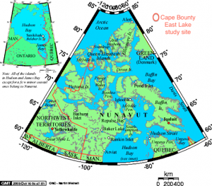 Map of Nunavut Province, highlighting Cape Bounty East Lake study site. Credit: Montrealais, via Wikimedia Commons. 