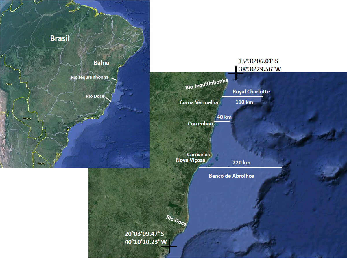 Location of the coral reef regions along the Brazilian coast