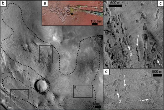 A field of dune cast pits (panel b) was found at Noctis Labyrinthus, just west of Vallis Marinaris at the black star in panel (a). Close-ups of the pits in panels (c) and (d) show the pits in the crescent shapes of barchan dunes. The outlines of chains of calving dunes, dunes with elongating arms and the characteristic forms of collision with other dunes, much like the live dunes at Hellespontus, are preserved by the pits. Credit: Mackenzie Day and David Catling/ AGU