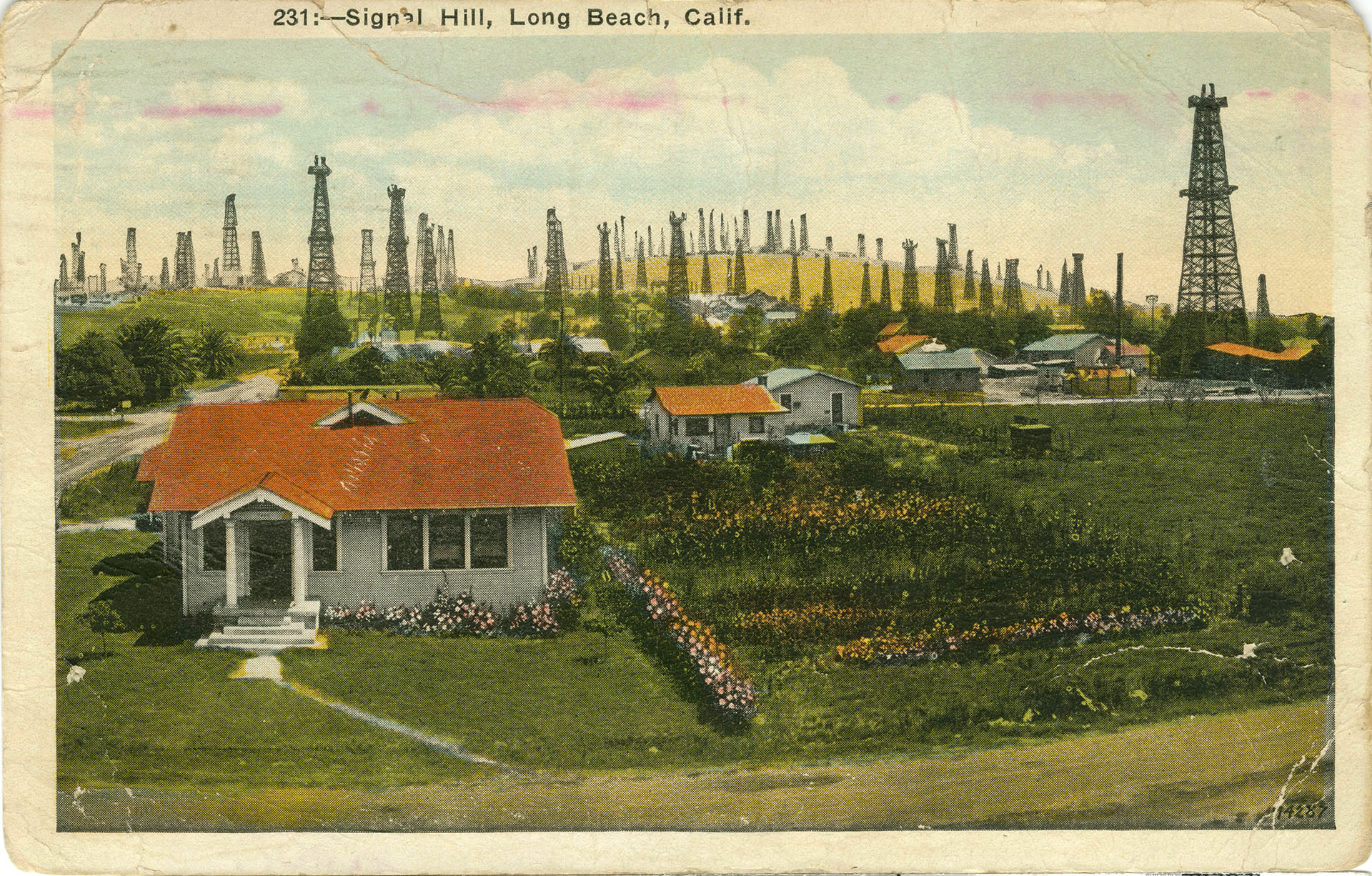 Oil fueled the growth of LA from 50,000 people in 1980 to 1.5 million in 1940. By the 1940s, the Signal Hill field alone had a forest of 20,000 derricks among its residential homes. LA county still has 3,000 active wells. Signal Hill postcard c. 1926, courtesy of the Loyola Marymount University library archive