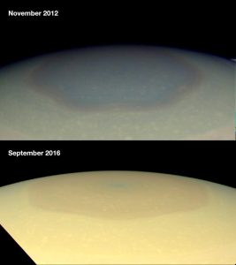 Saturn’s north pole changed from blue-tinted in 2012 to gold in 2016 as the northern hemisphere’s season turned from winter. Credit: NASA/JPL-Caltech/Space Science Institute/Hampton University