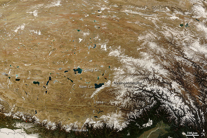 The high mountain glaciers of the Tibetan Plateau feed thousands of alpine lakes that form the headwaters of many of Asia’s major rivers. Credit: NASA image courtesy Jeff Schmaltz, MODIS Rapid Response Team, Goddard Space Flight Center.