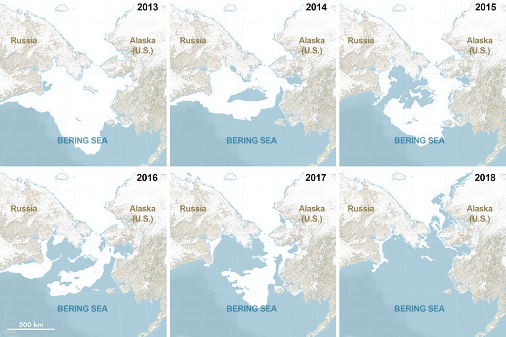Using data from the National Snow and Ice Data Center, this time series shows the maximum ice extent in the Bering Sea during April for the years 2013 through 2018. The year 2018 set the record for the least amount of sea ice dating back to 1850. Credit: NASA Earth Observatory/Joshua Stevens