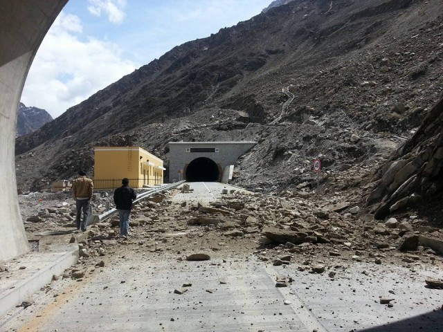 Landslide damage on the highway to bypass the Attabad landslide, via the Pamir Times