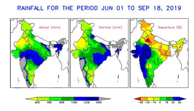The seasonal rainfall map for India for the 2019 monsoon