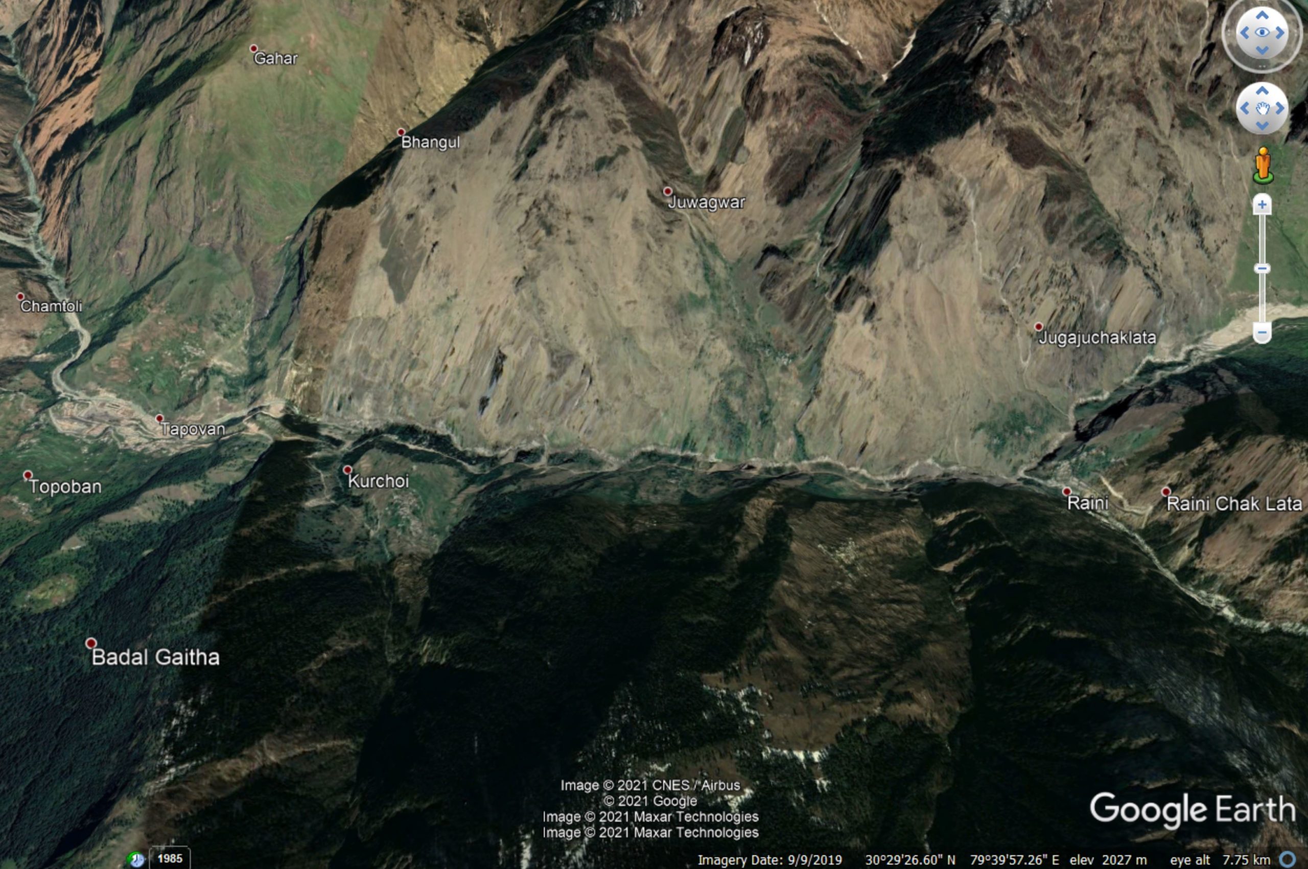 Google Earth image of the area affected by the catastrophic flood at Chamoli