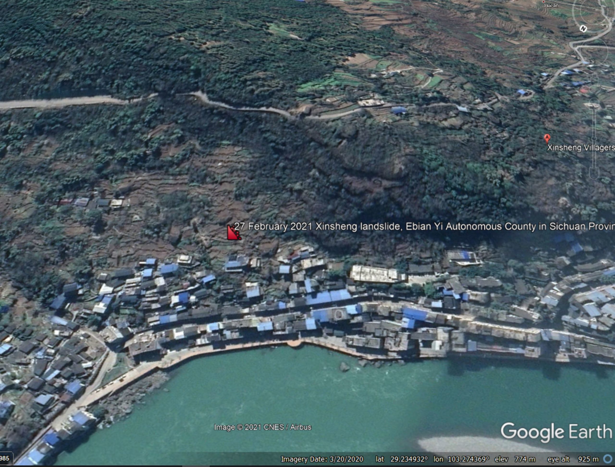 Google Earth image of the approximate location of the 27 February 2021 landslide in Ebian Yi Autonomous County in China. 