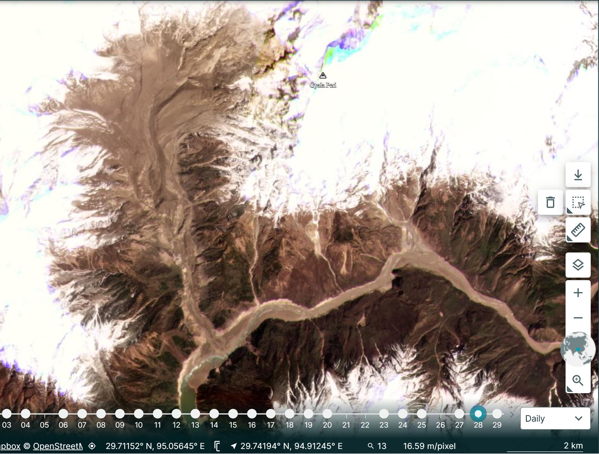 Planet Labs image of the 22 March 2020 landslide at Tsangpo in Tibet
