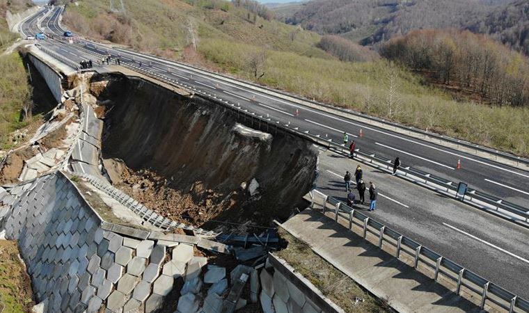 A close up view of the highway slope failure at Düzce Zonguldak in Turkey on 26 March 2021. 