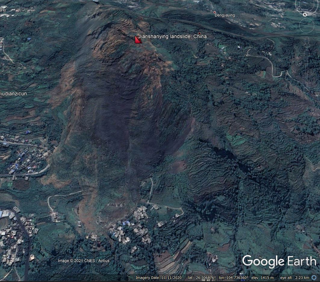 Google Earth image of the Jianshanying landslide in China.