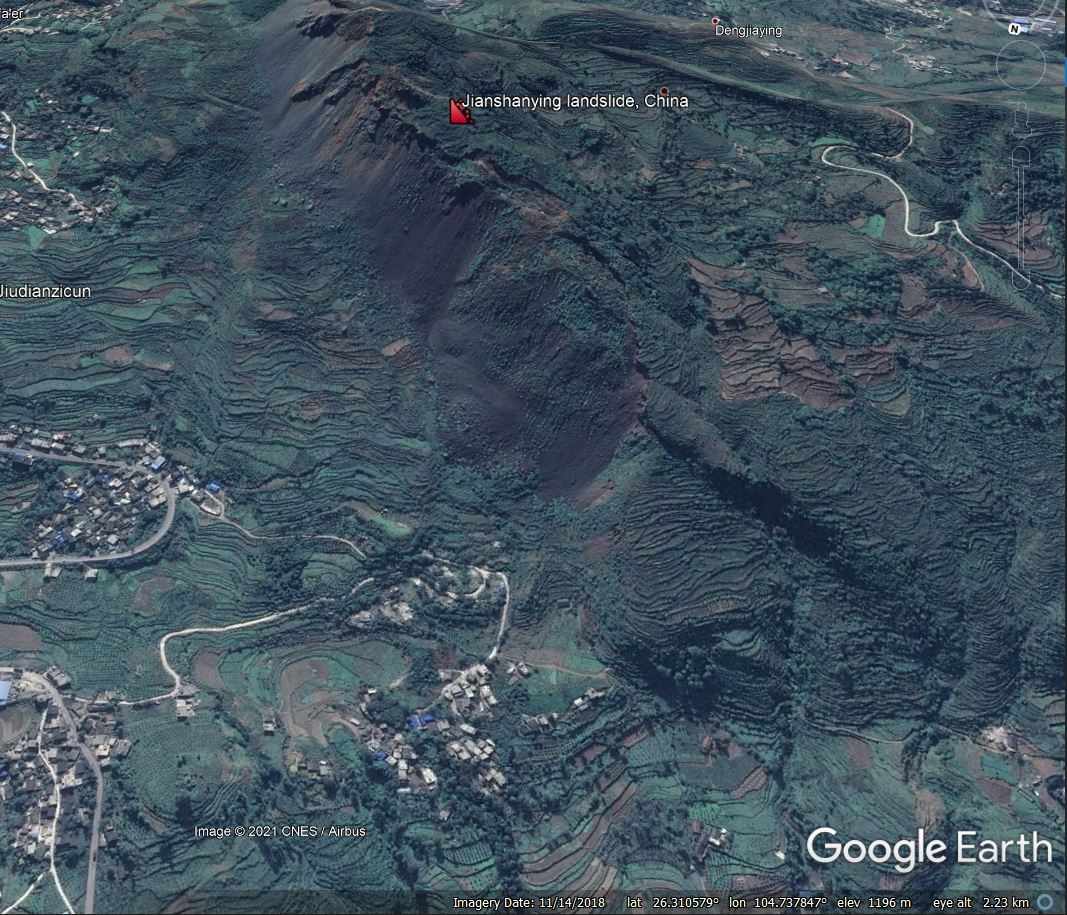 Google Earth image of the Jianshanying landslide in China in November 2018.