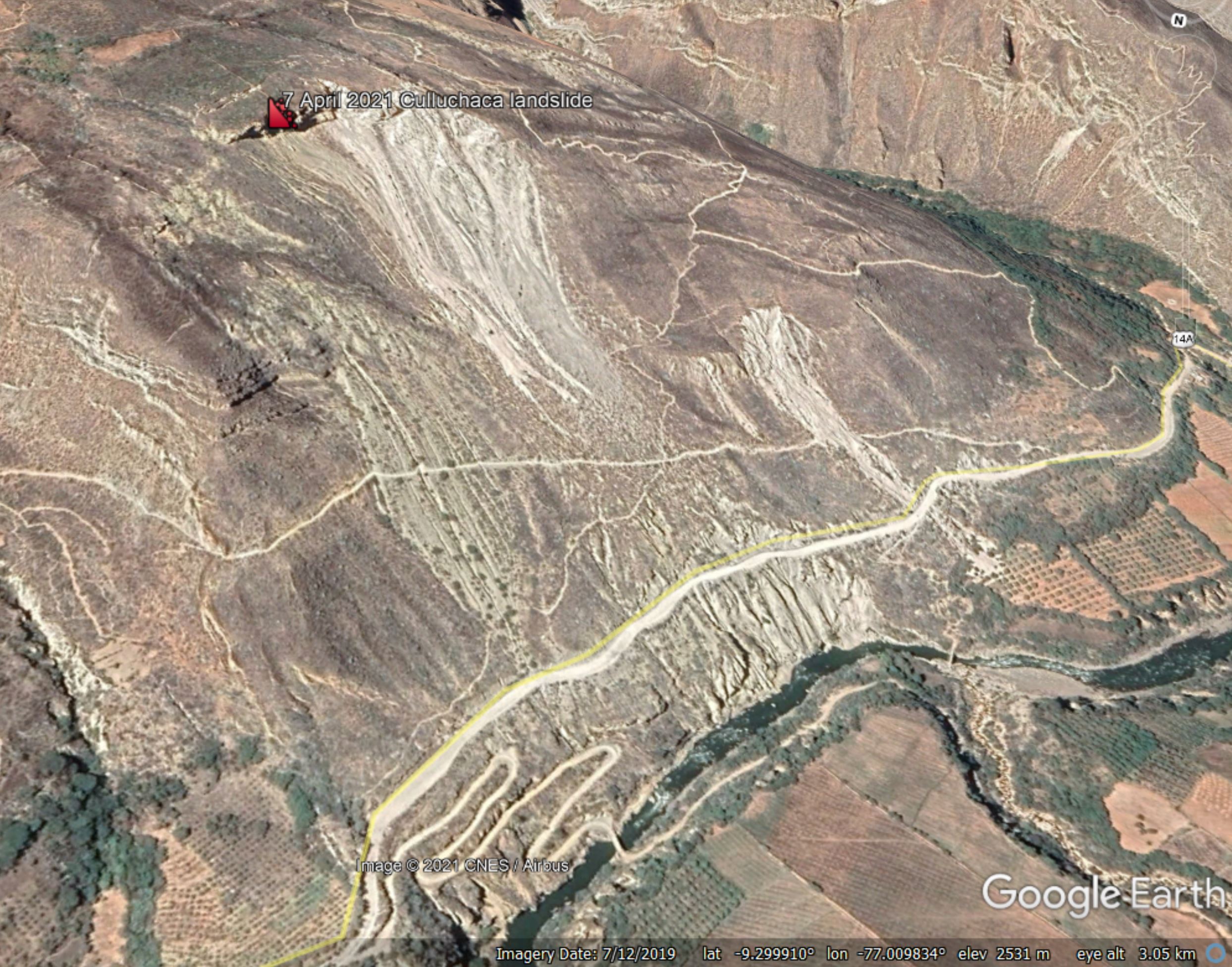 Google Earth view of the site of the landslide close to Culluchaca in Peru.