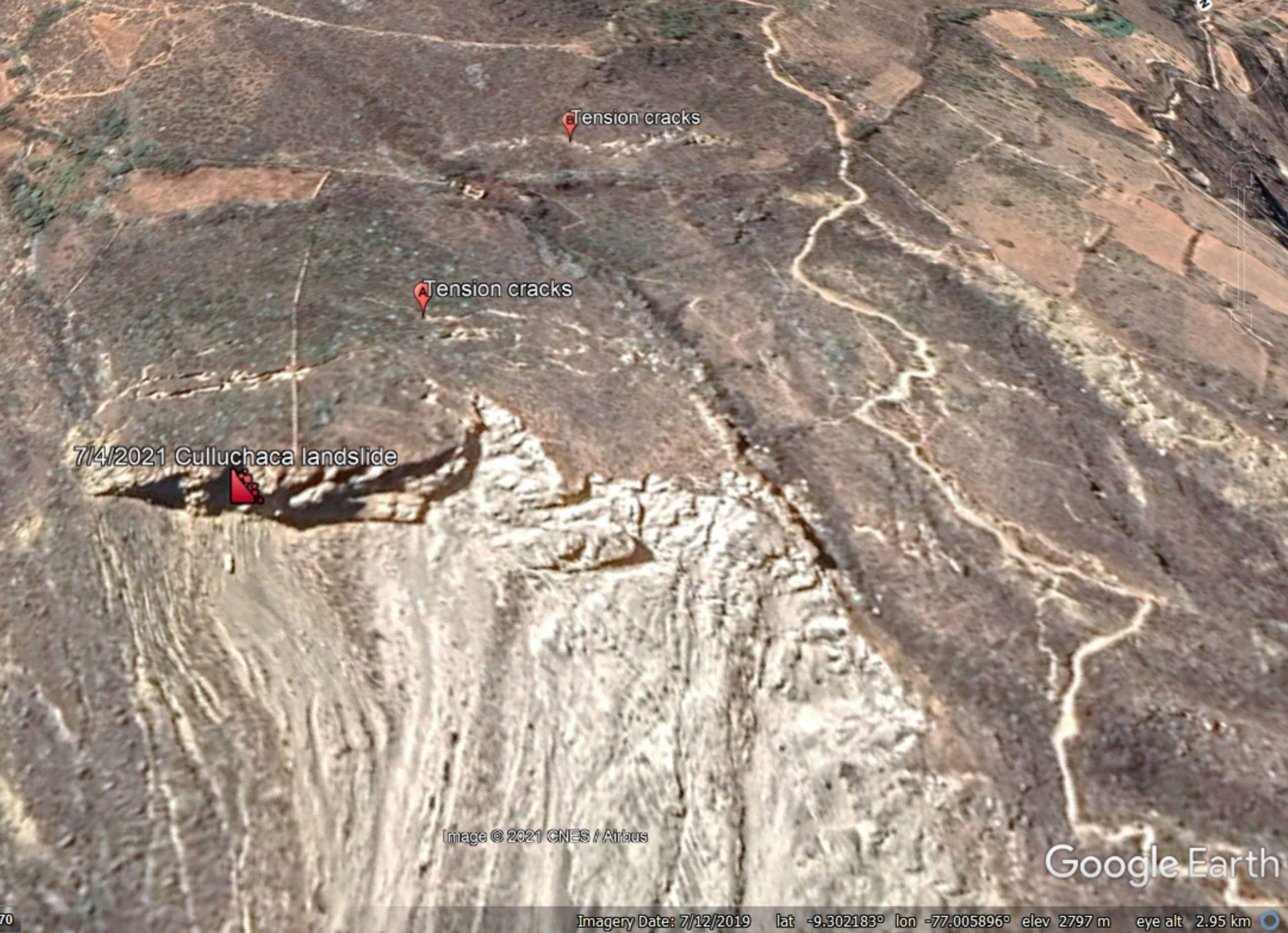 Google Earth view of the crest of the landslide close to Culluchaca in Peru. 