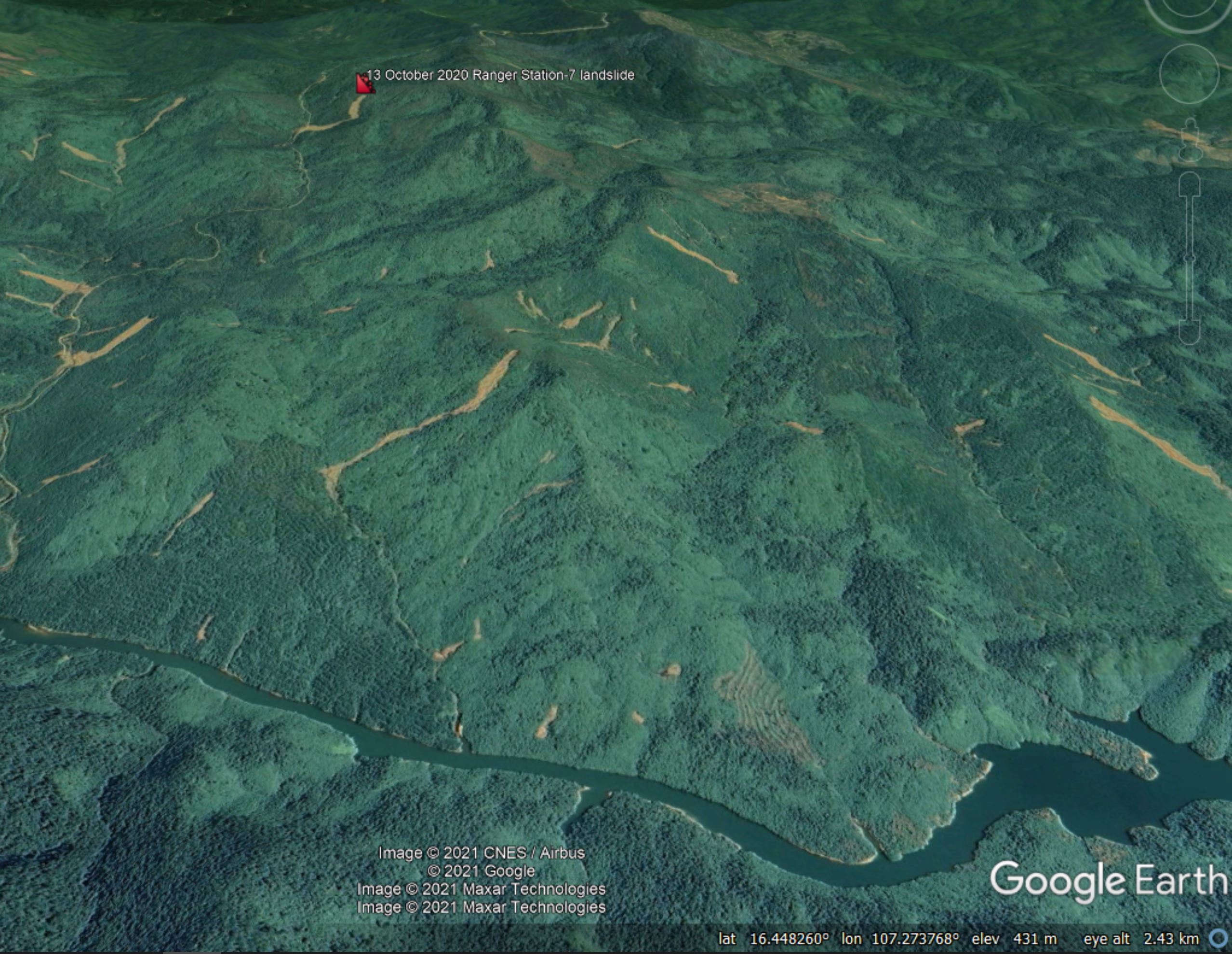 Google Earth image of  landslides triggered by the October 2020 rain event in Phong Dien, Vietnam.