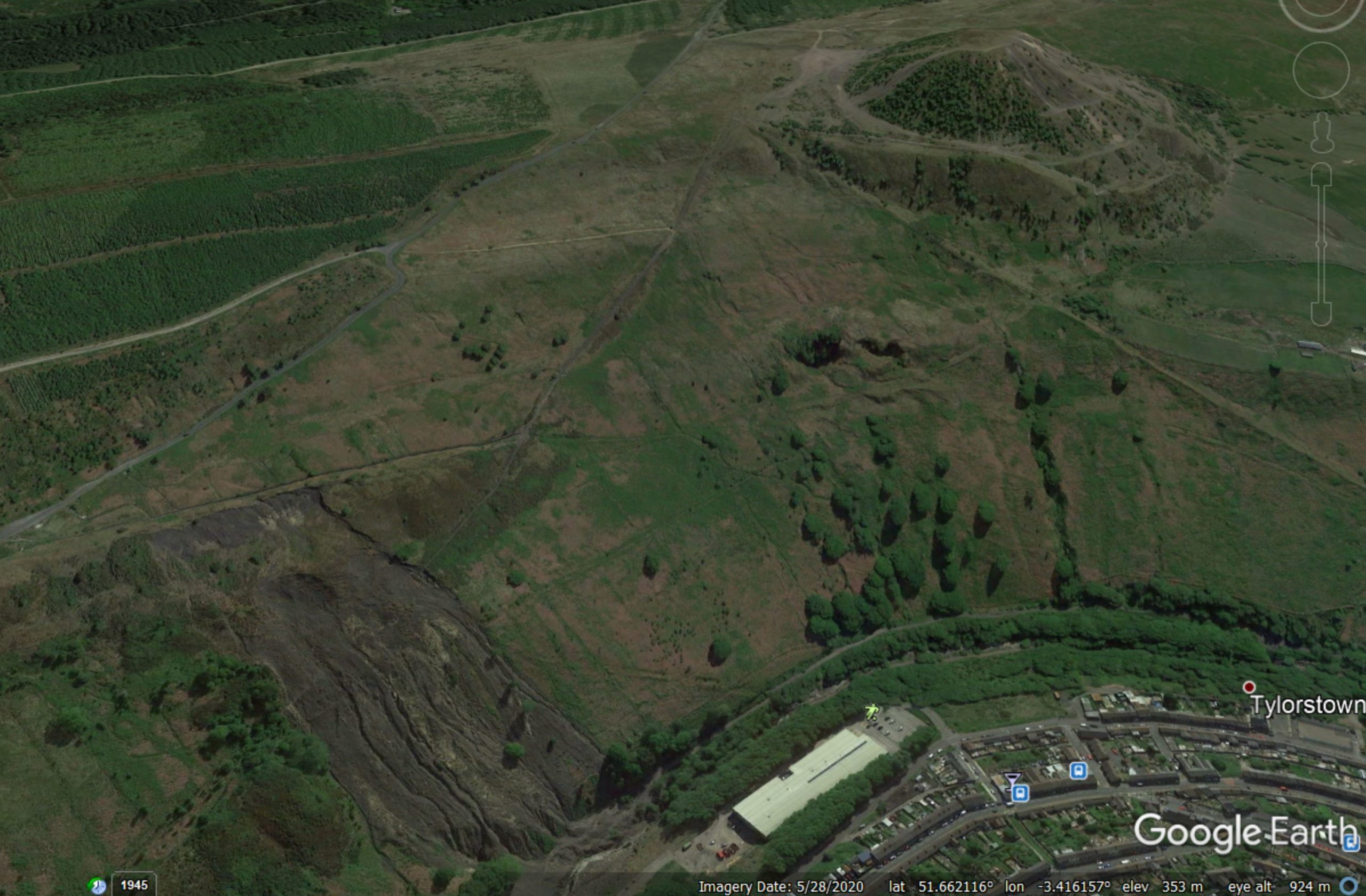 Google Earth image of the coal waste tips at Tylorstown in South Wales. 
