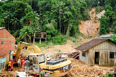 A landslide close to houses, triggered by the March 2011 rainfall event at Antonina and Morretes in Brazil