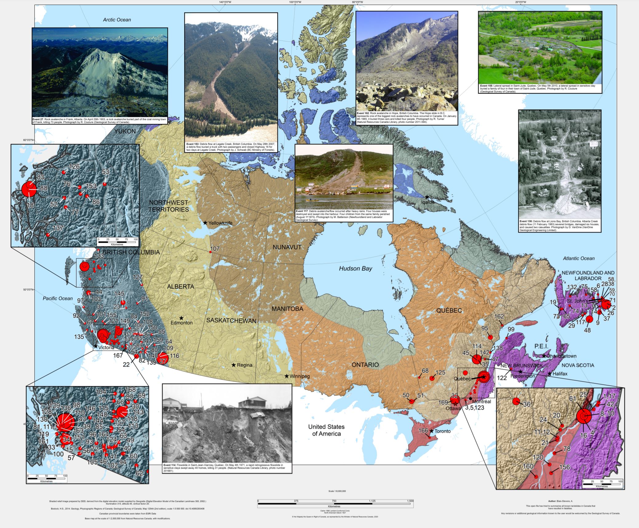 A map showing historical landslides in Canada, from Blais-Stevens (2020).