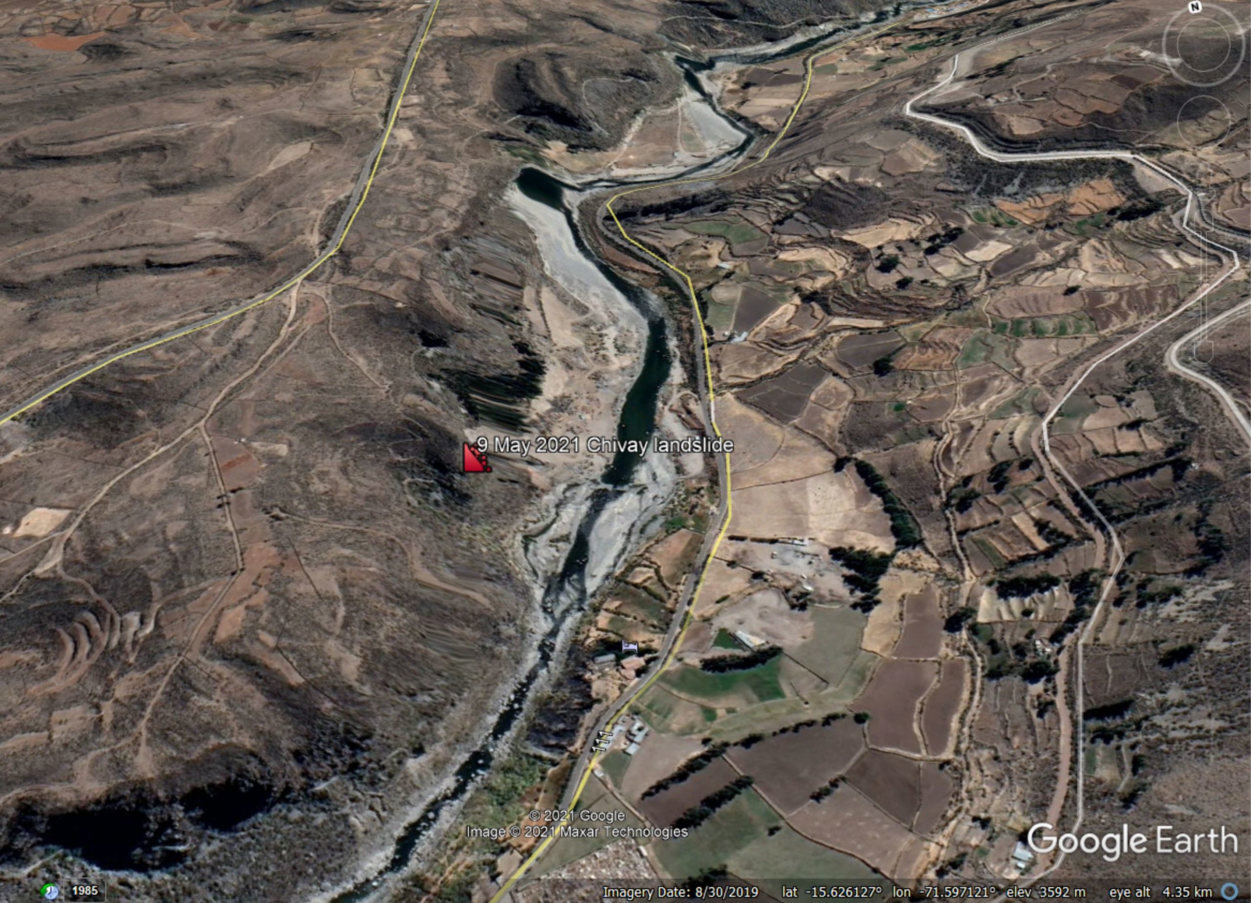 Google Earth image showing the location of the 9 May 2021 valley-blocking landslide at Chivay in Peru.