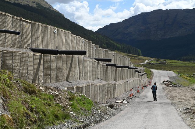 Detail of the newly constructed bund  above the Old Military Road at Rest and Be Thankful. Image by John Devlin via The Scotsman.