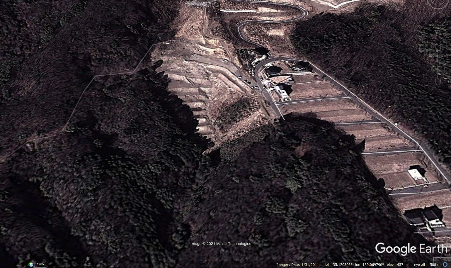 Archive Google Earth image of the source zone of the Atami landslide in Japan. 