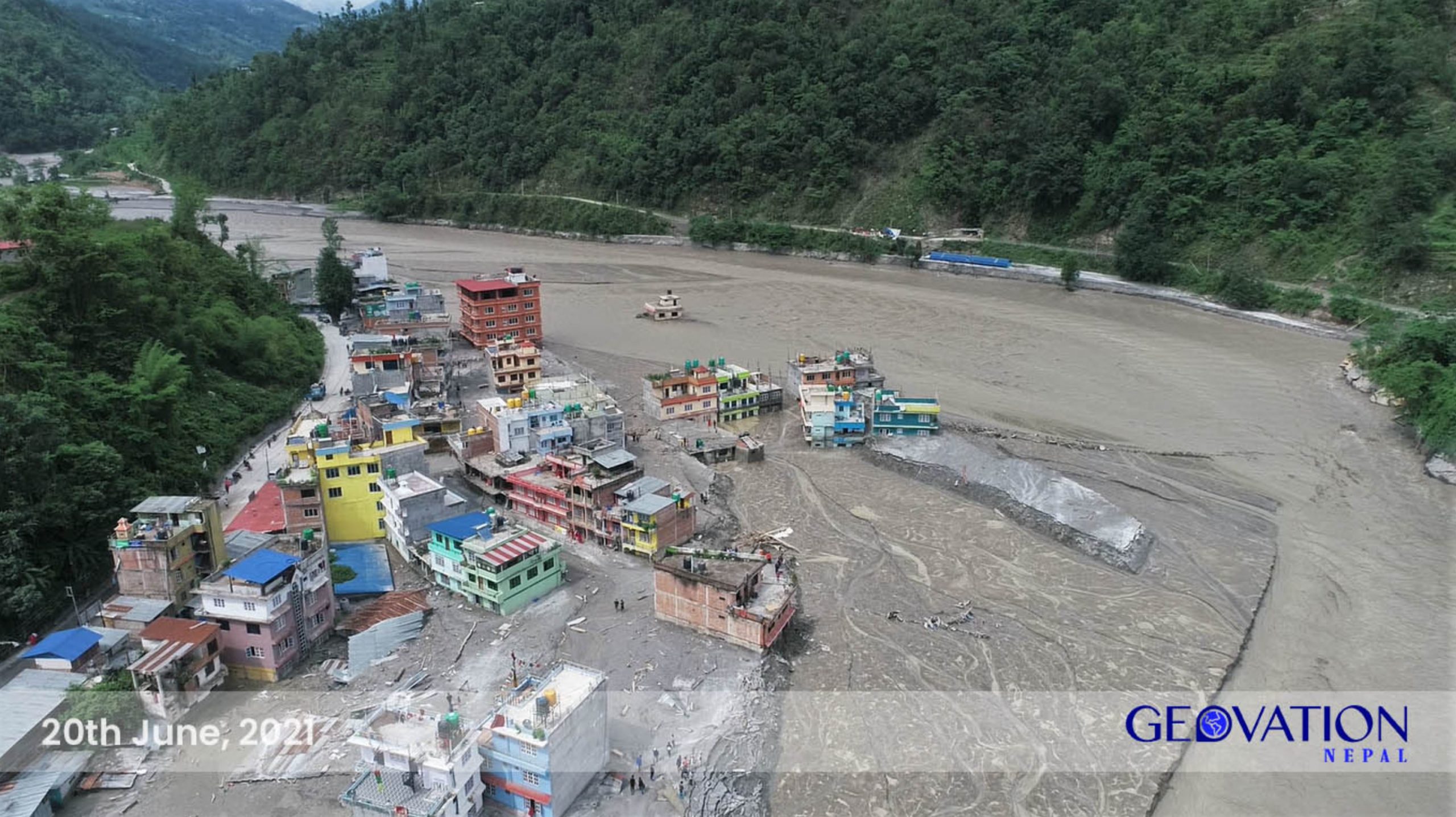 The aftermath of the Melamchi flood in Nepal.  Image posted by Nepal Flying Labs.
