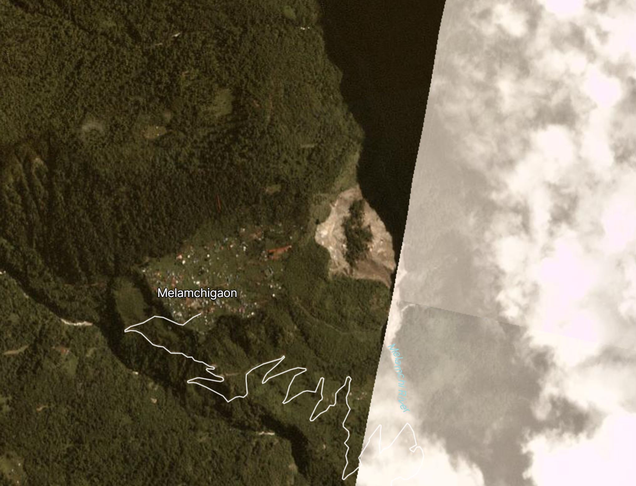 Planet Labs image of the likely cause of the 14 June 2021 Melamchi flood.  Image copyright Planet Labs, used with permission.