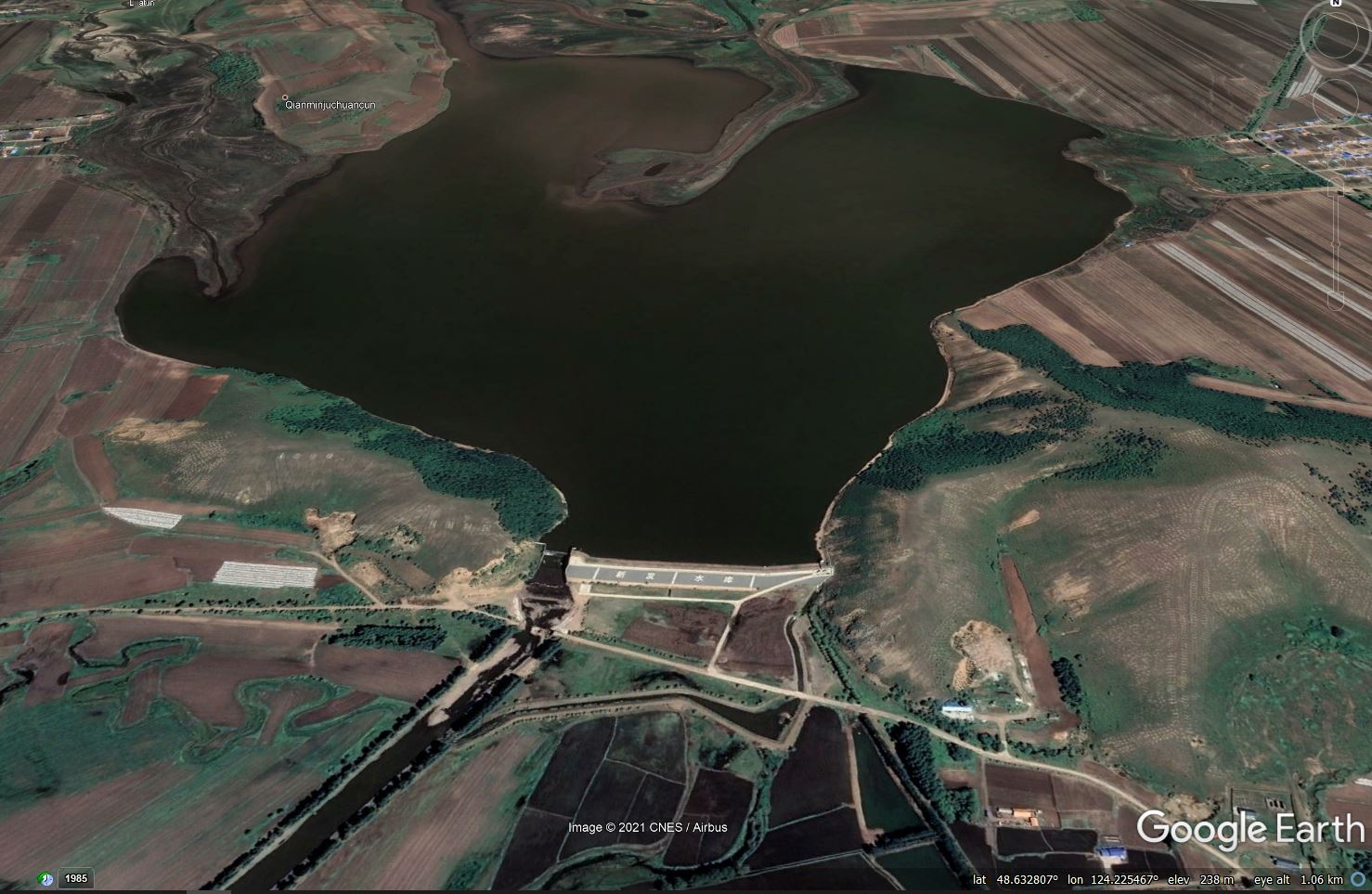 Google Earth image of the Xinfa Dam in Hulunbuir, Inner Mongolia, China, which collapsed on 18 July 2021.