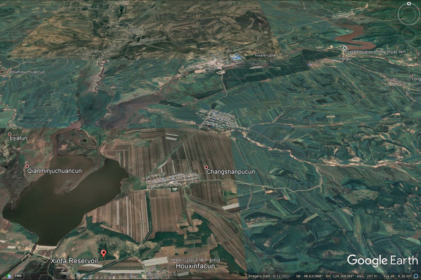 Google Earth image of the Xinfa Dam and the
                possible Yong-an Dam in Hulunbuir, Inner Mongolia,
                China, which collapsed on 18 July 2021.