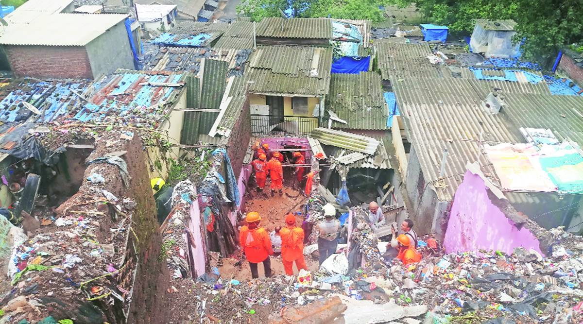 The aftermath of the landslide at Surya Nagar in Vikhroli, Mumbai on 19 July 2021, which killed ten people. 