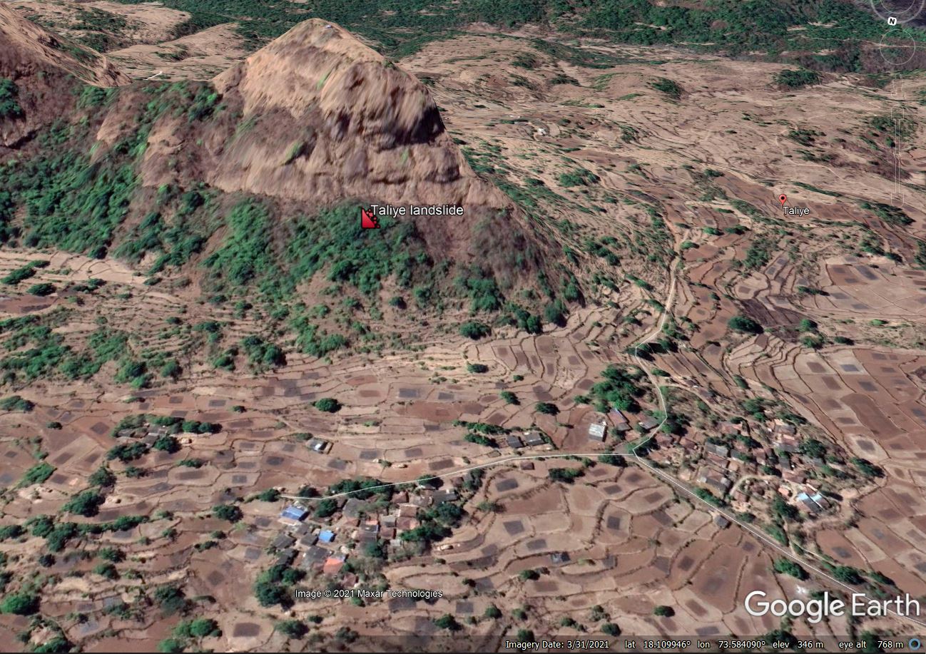 Google Earth image of the likely location of the Taliye landslide in India.