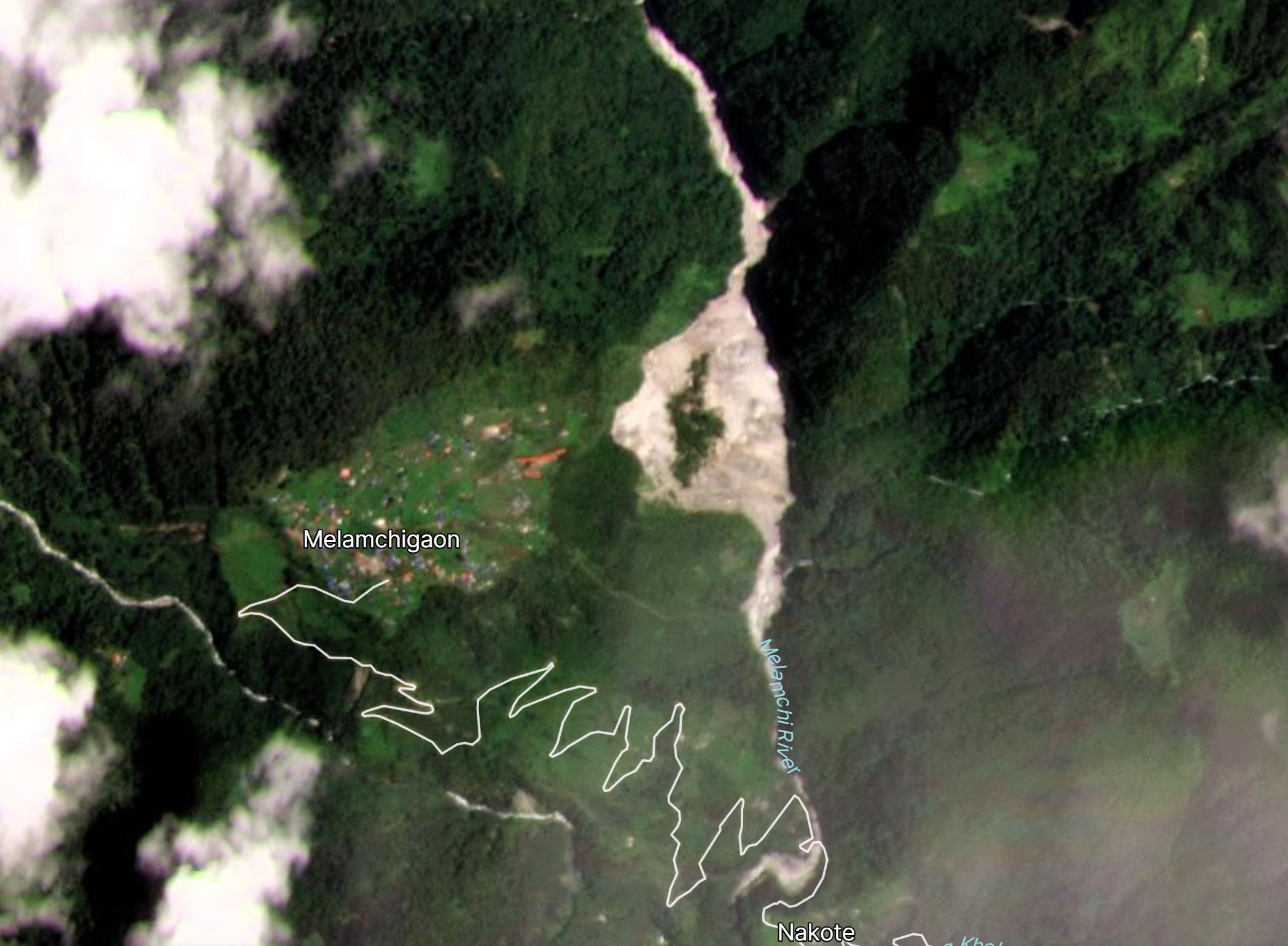 Satellite image of the landslide close to Melamchigaon. 