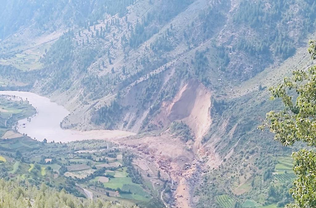 The valley blocking landslide close to the village of Nalda in Himachal Pradesh in northern India.