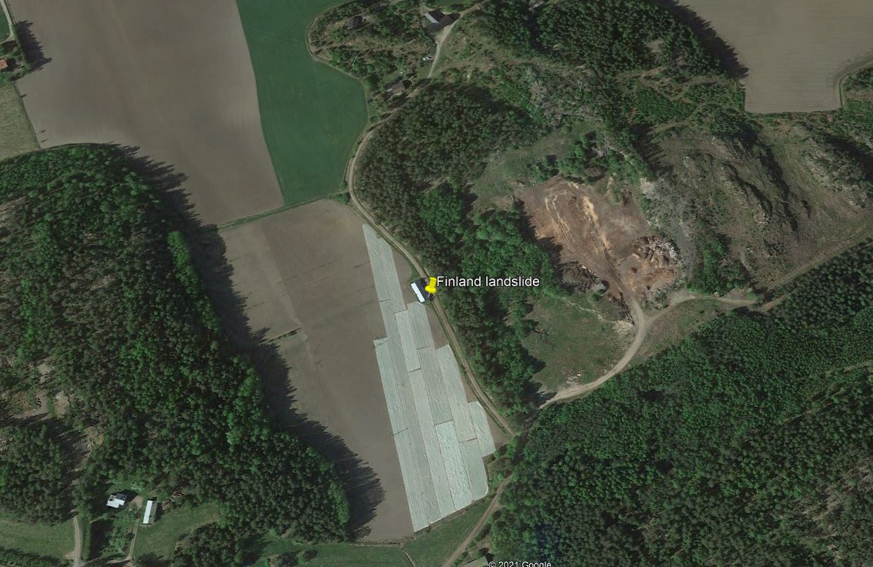 Google Earth image of the site of the landslide at Paimiossa in Finland. 