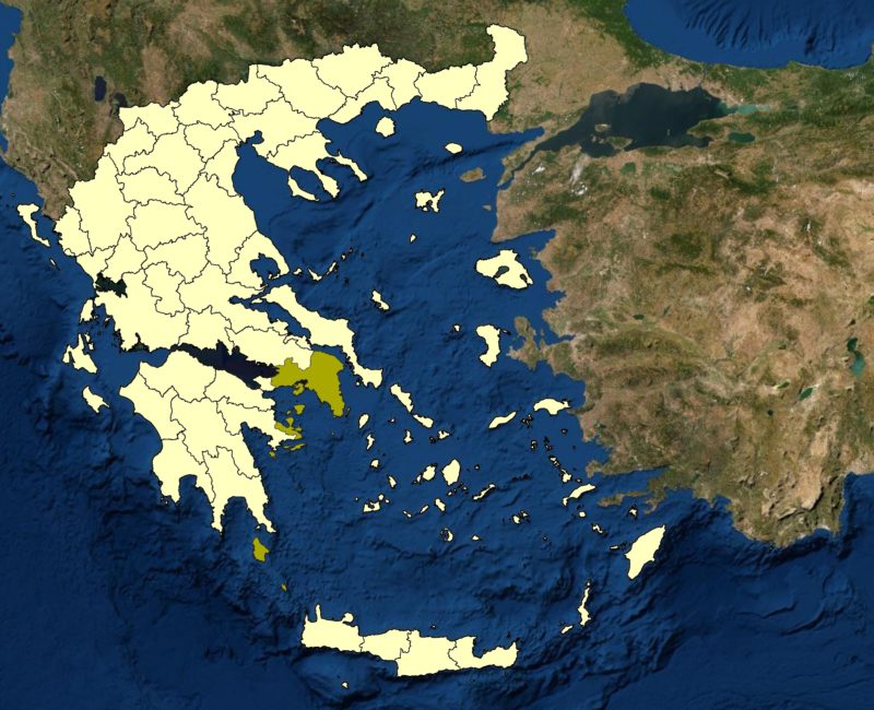 Map showing the location of the Atica region (Green) in Greece (yellow).