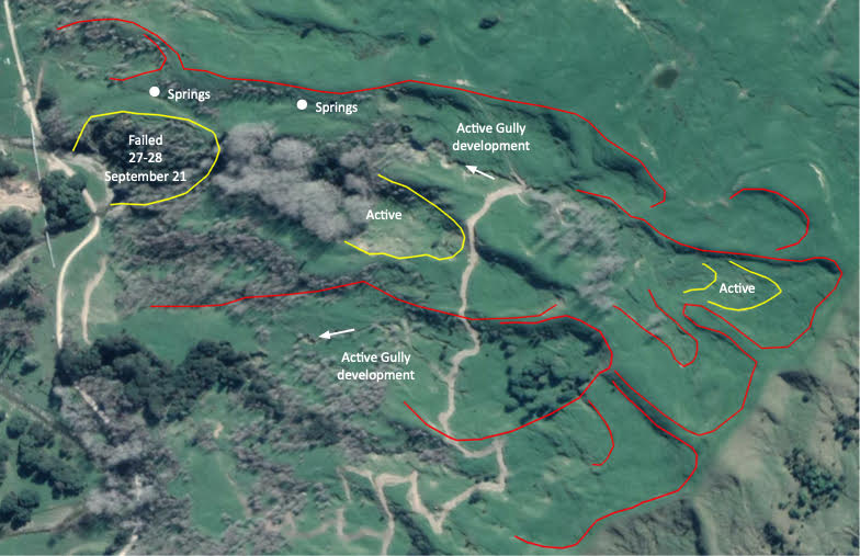 Annotated vertical image of the site of the new landslide near to Gisborne in New Zealand.