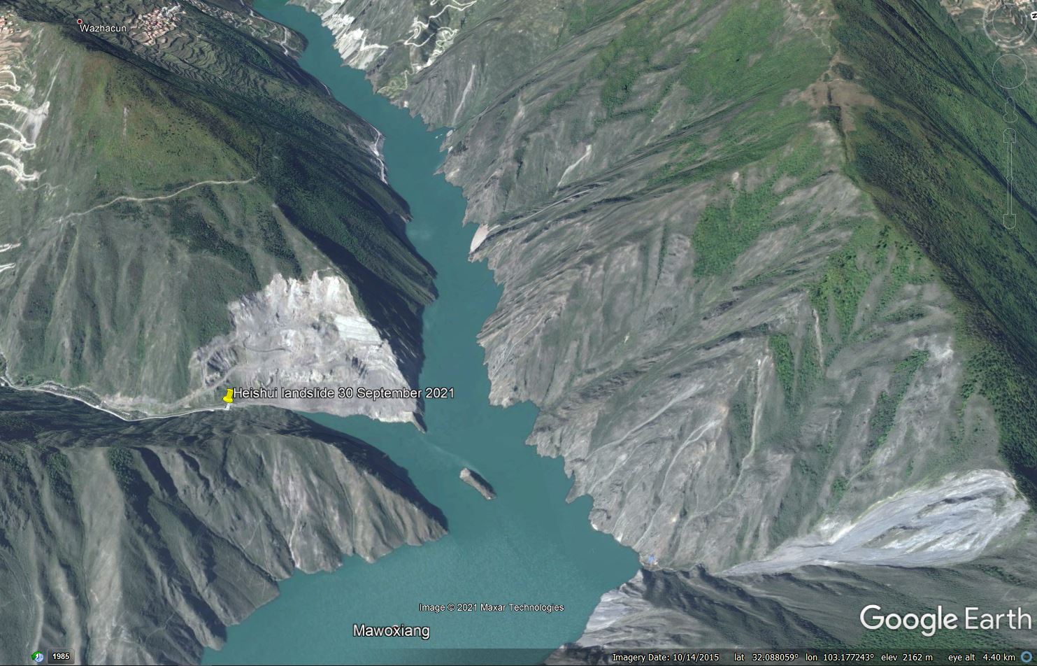 Google Earth image of the location of the 30 September 2021 rockslide at Heishui in Sichuan Province, China.