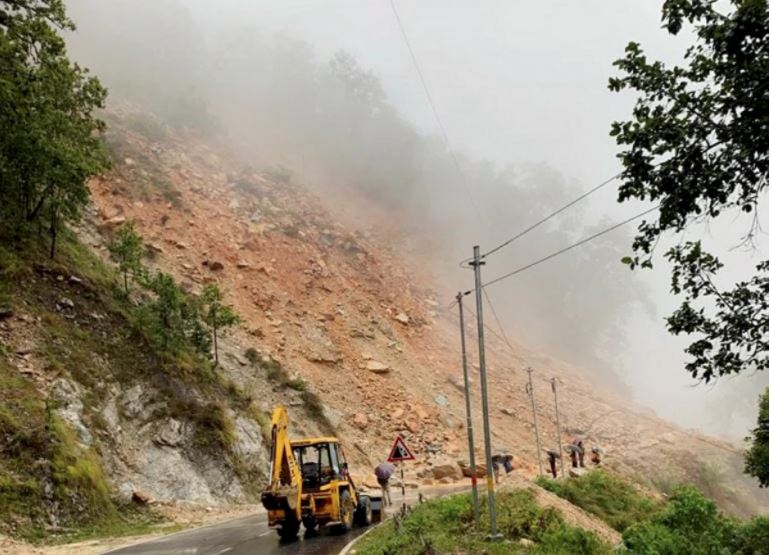 A landslide on the  Askote-Jauljibi road in Pithoragarh in India. 