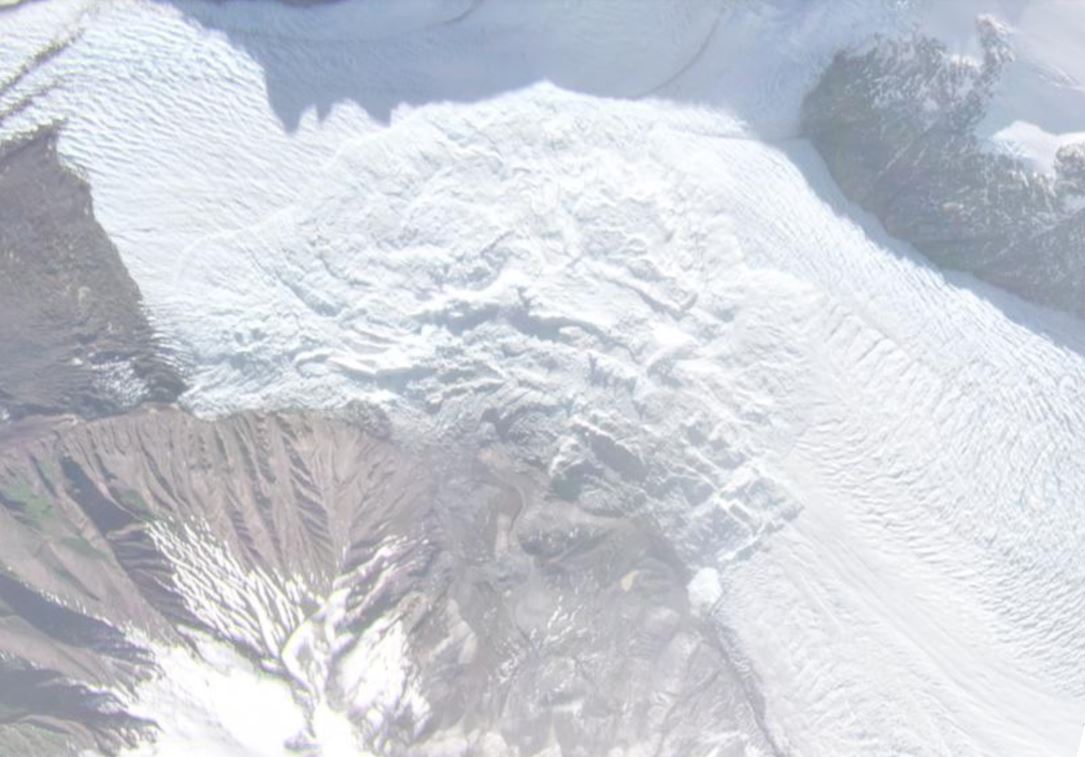 A satellite image of the 2019 landslide debris at Glacier Amalia on the Southern Patagonian Icefield.